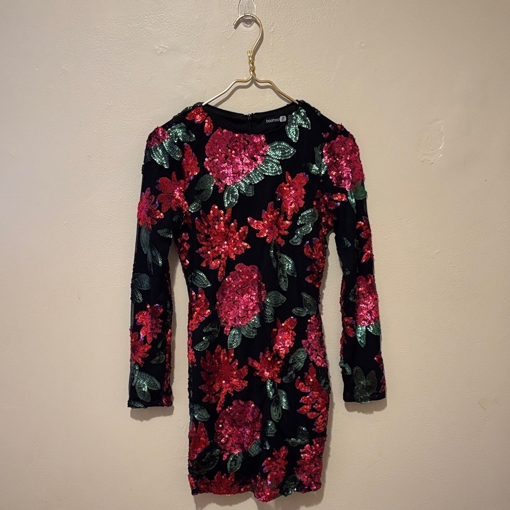 Boohoo Black Dress with Red and Green Floral Sequins